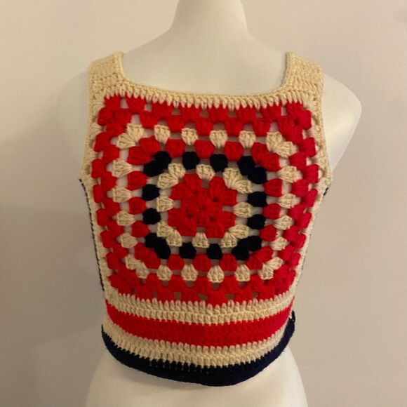 Homemade size Small Red White and Blue Americana Crochet Knit Cropped Tank Top - Picture 3 of 6